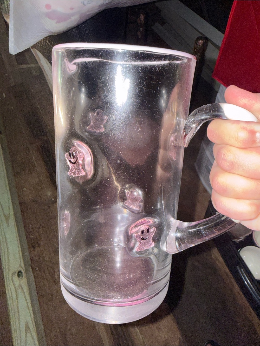 Clear Glass pitcher with Pink Ghost Accents